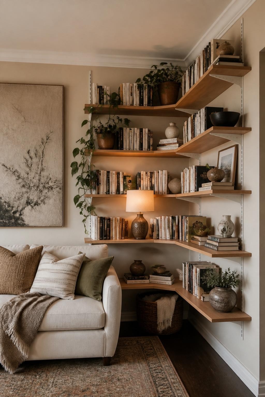 A chic corner setup featuring floating shelves in honey wood tones layered above a plush beige sofa.