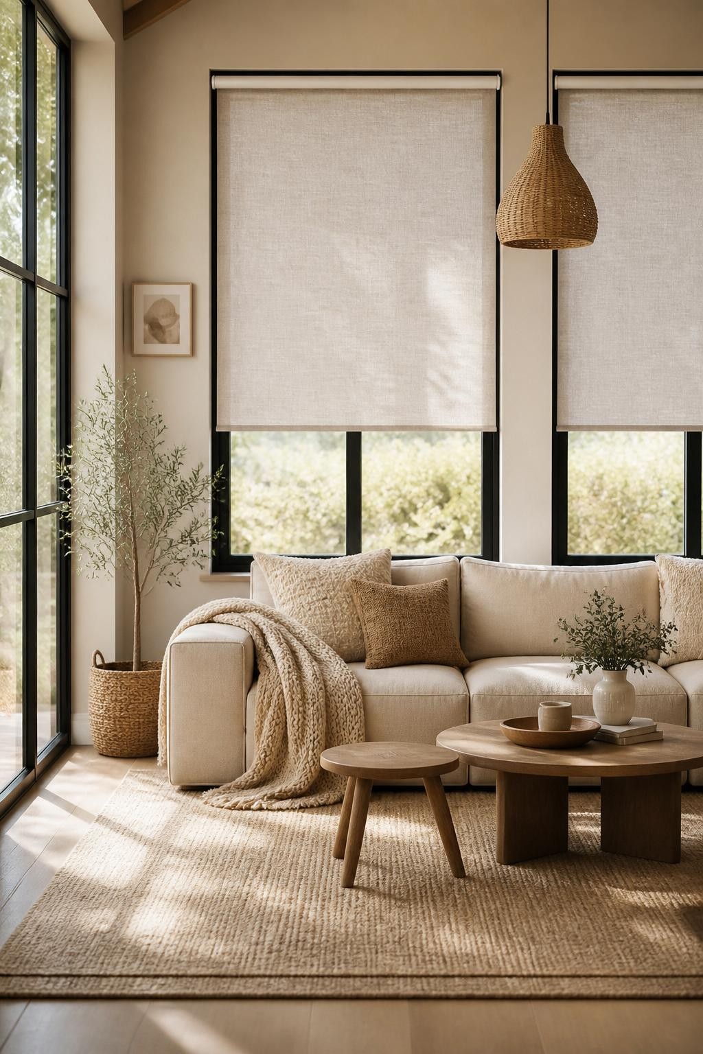 A modern boho lounge with dramatically tall picture windows dressed in soft beige linen roller blinds.