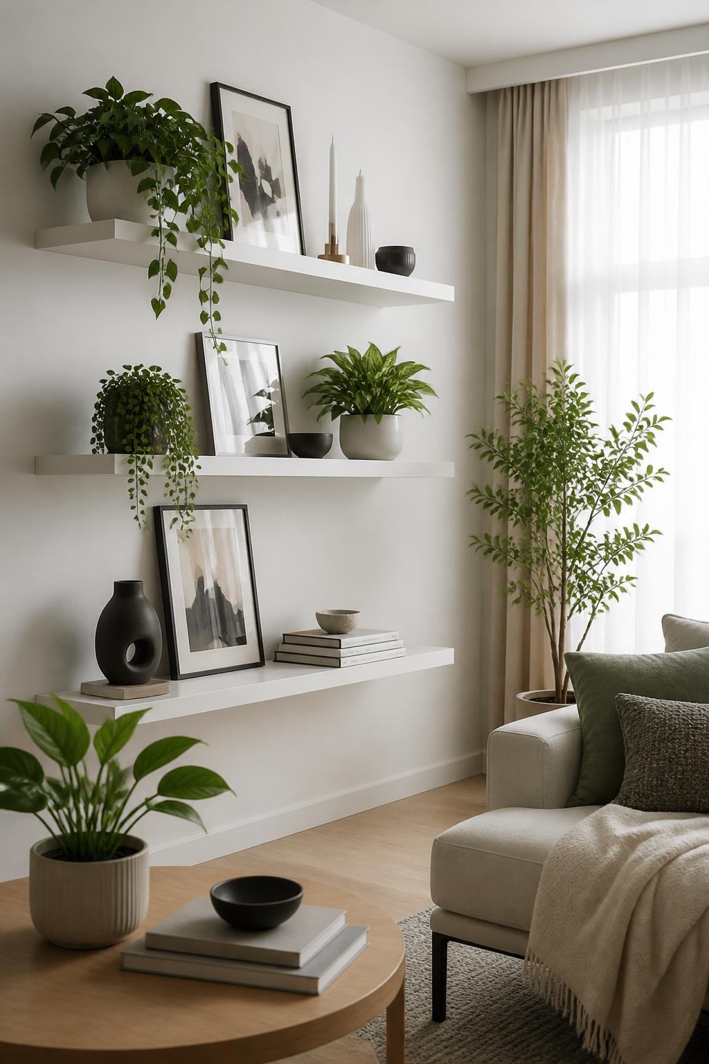 Bright modern living room showcasing floating white shelves adorned with lush green houseplants, monochrome abstract art, and matte ceramics.