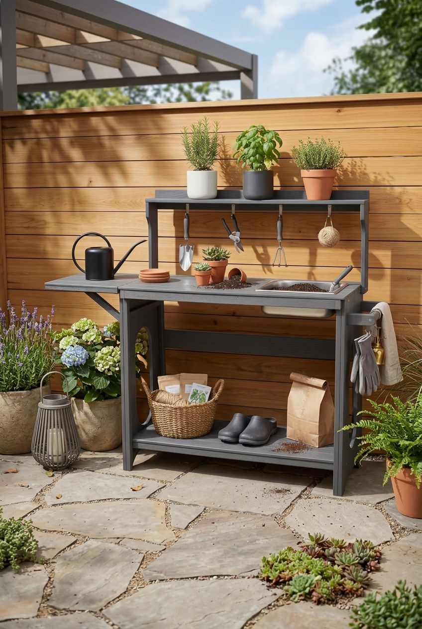 Use the uploaded potting bench table exactly as the reference product, preserving its charcoal gray color, sturdy structure, integrated uppe.