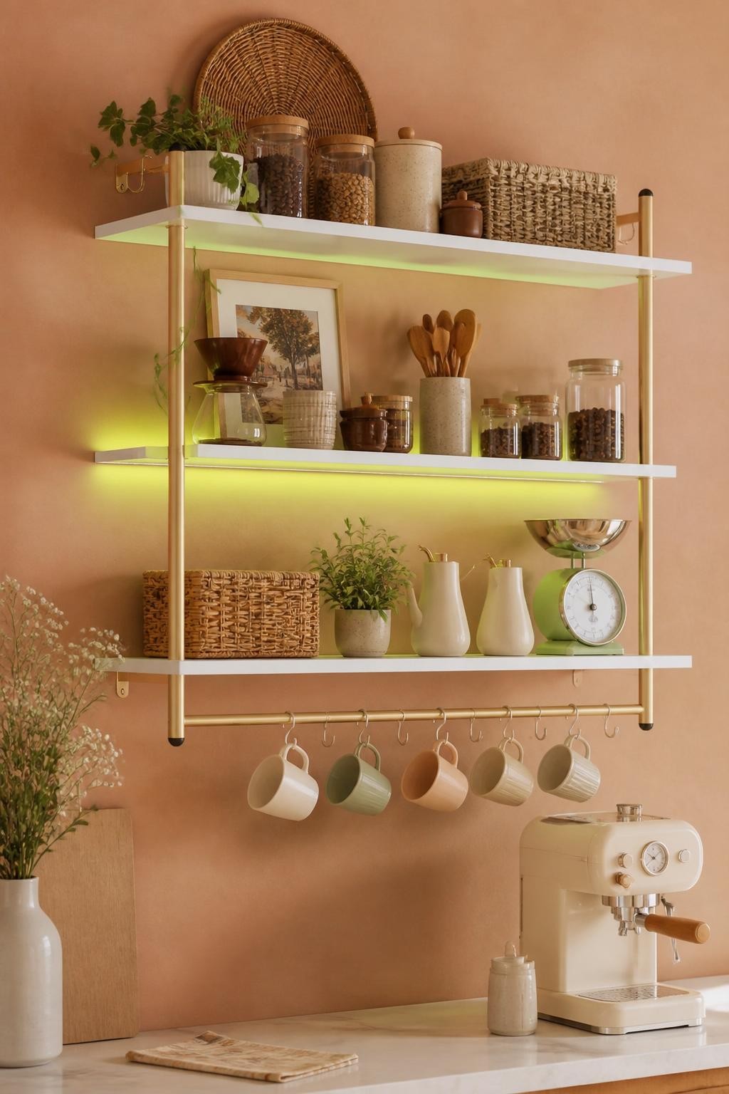Display a chic home coffee bar set against a smooth peachy wall, with three vertically stacked floating shelves featuring matte gold tubular.