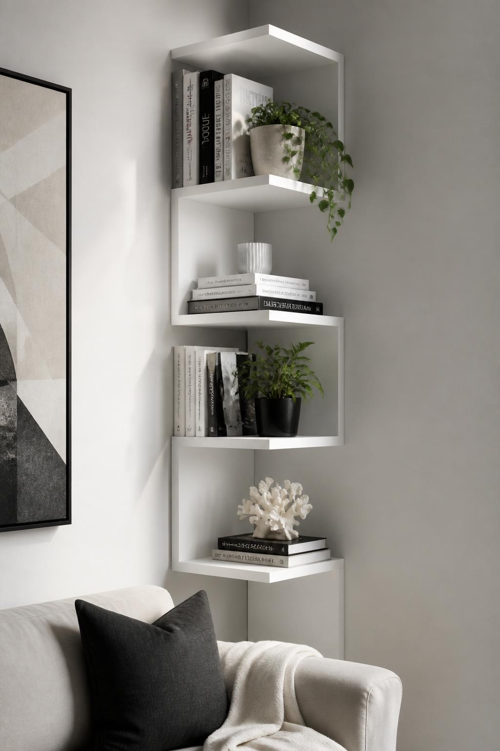 Display a creative corner wall arrangement with crisp white floating shelves forming asymmetrical right-angled tiers.