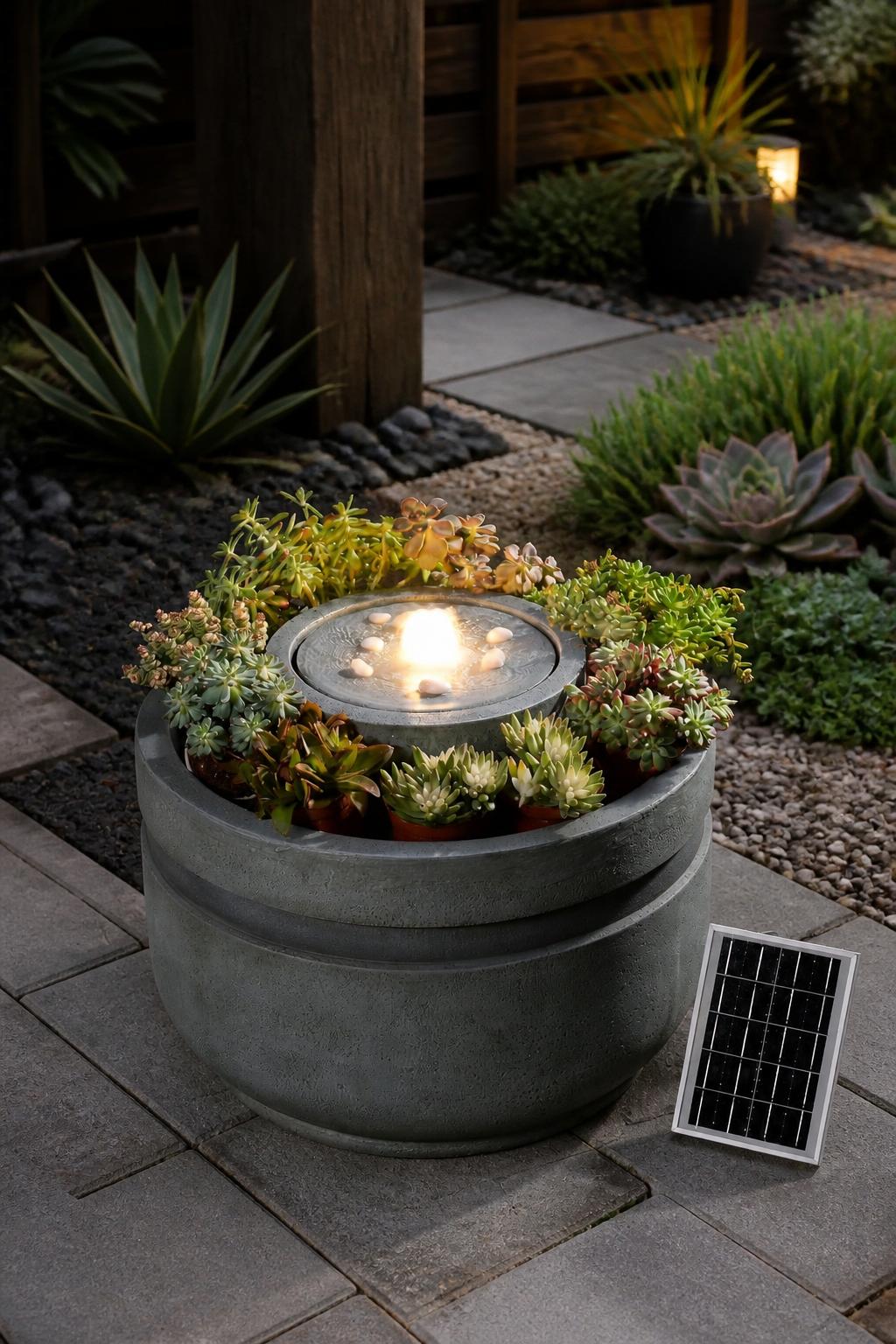 Use the uploaded round planter fountain exactly as the reference product, preserving its raised circular bowl, surrounding succulent plants.