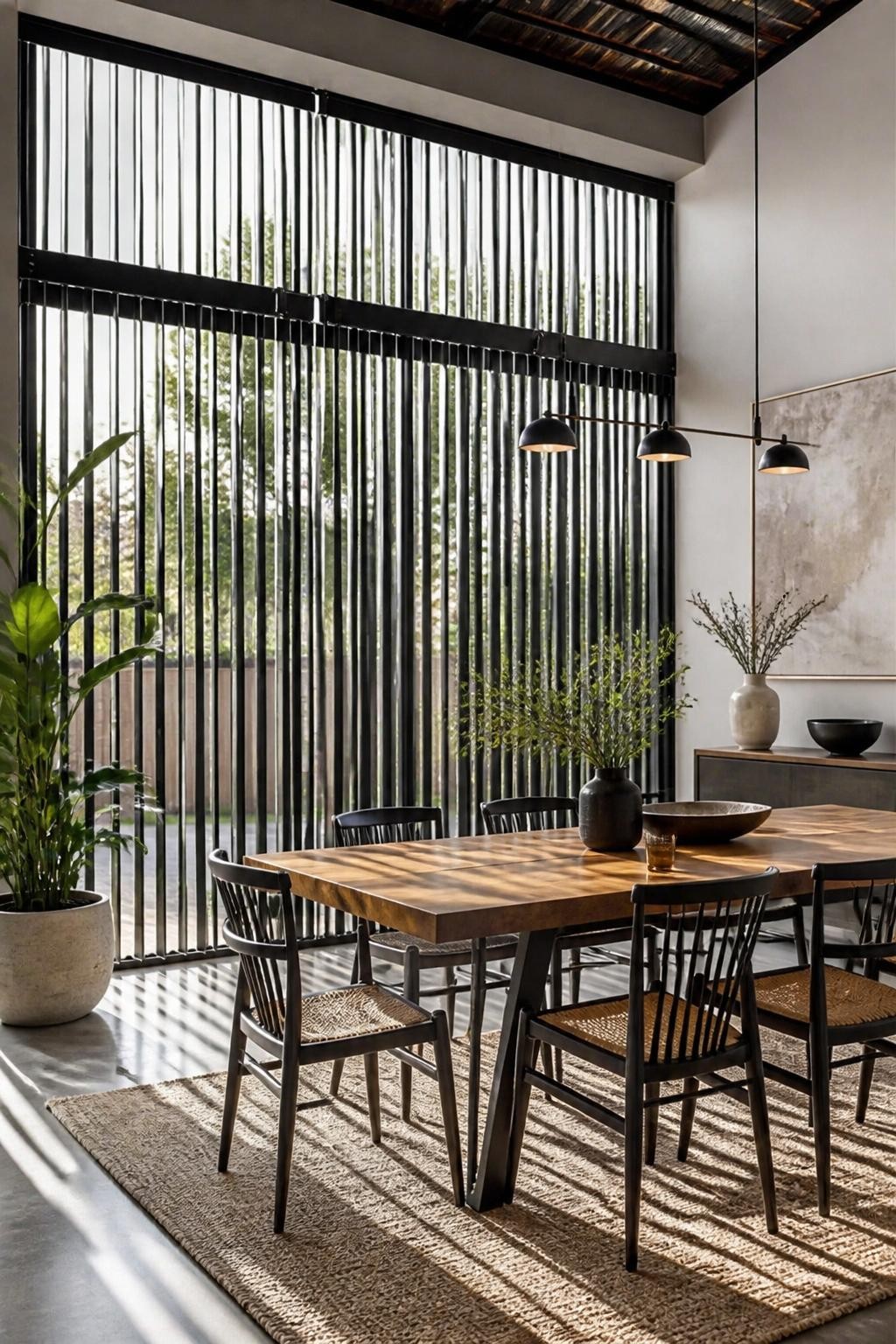 A stylish dining area featuring a wall of striking black vertical blinds as the primary design highlight, perfectly framing large picture wi.