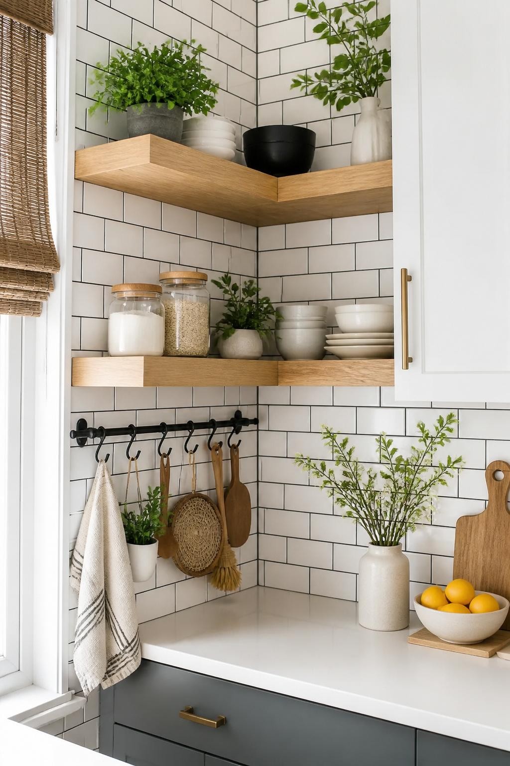 Bright and modern farmhouse kitchen corner featuring chunky floating wood shelves paired with classic white subway tile backsplash, filled w.