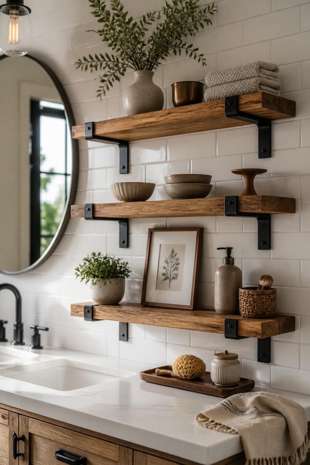 In this modern farmhouse kitchen, rustic open shelves made from reclaimed wood planks stand out against white subway tile backsplash under w.