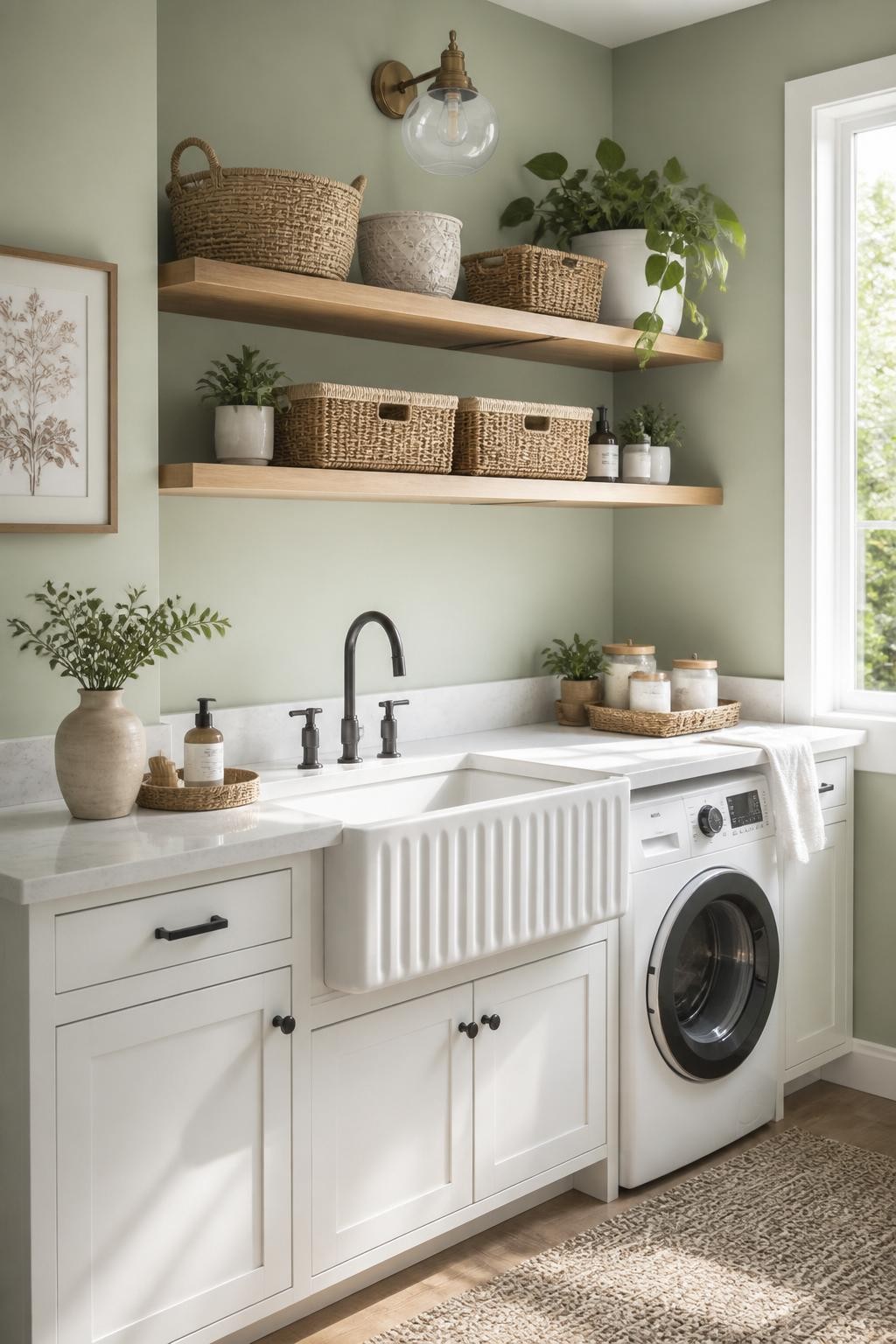 A bright farmhouse-inspired laundry room with thick floating wood shelves installed above a deep farmhouse sink and white quartz countertops.