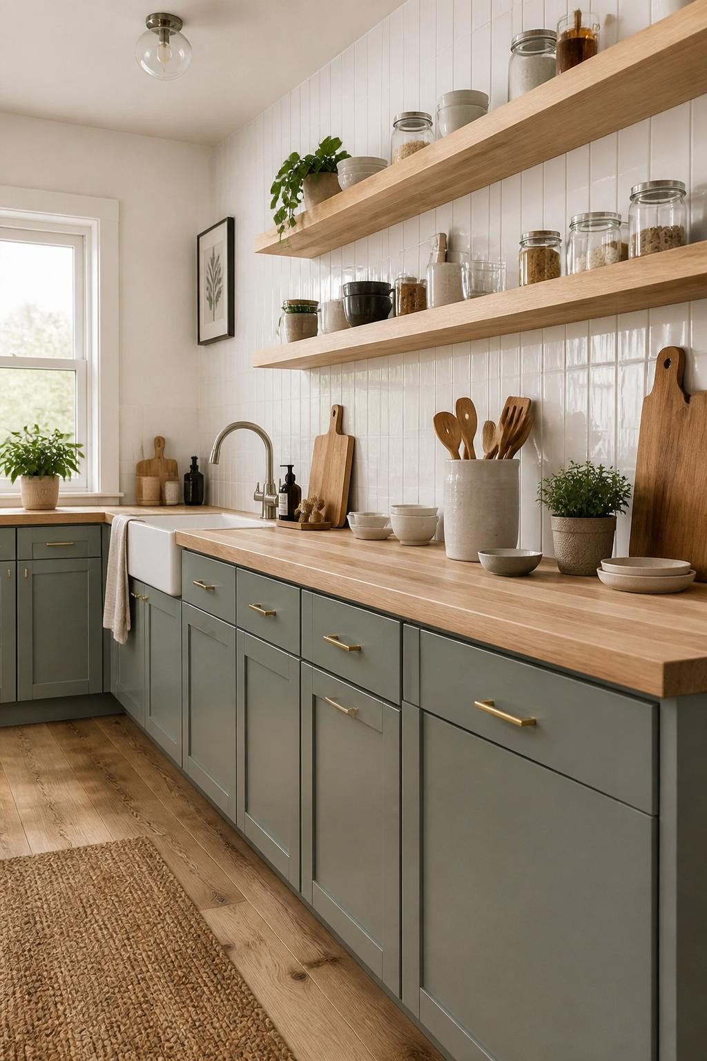 Modern farmhouse kitchen with pistachio green shaker lower cabinets and chunky white oak floating shelves.