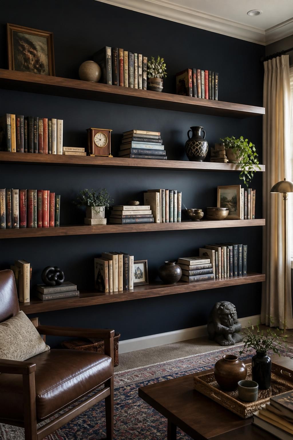 A sophisticated living room showcases a bold navy feature wall adorned with four long, thick walnut floating shelves.
