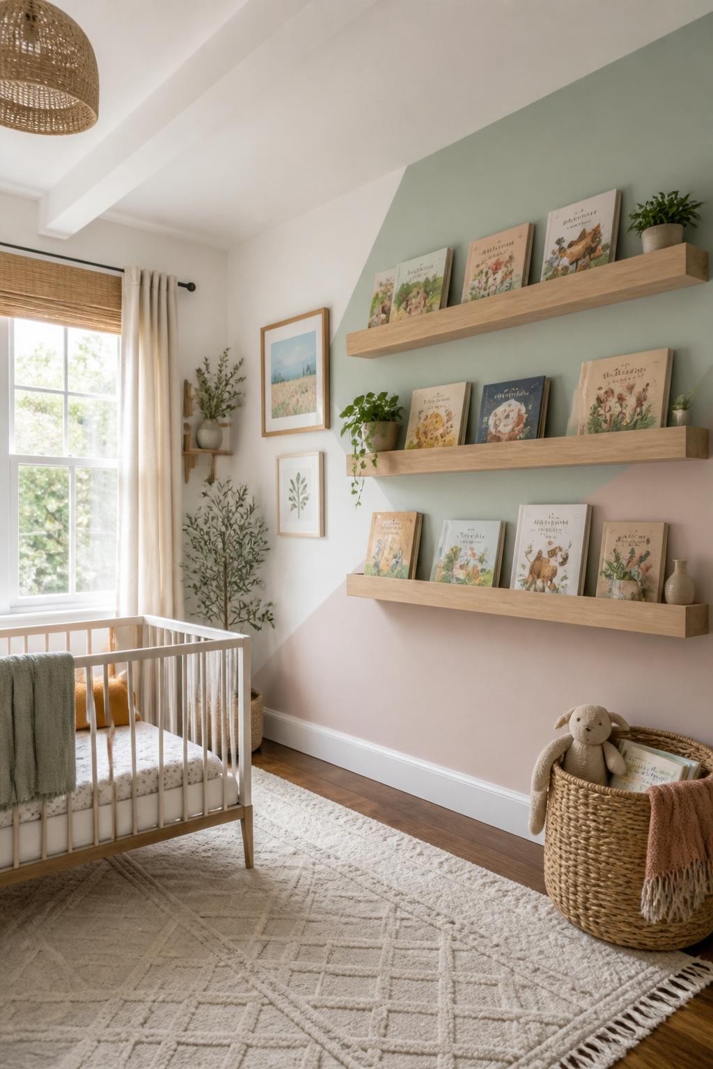 A modern nursery featuring geometric color-blocked walls in mint green and pastel pink, with chunky natural wood floating ledge shelves serv.