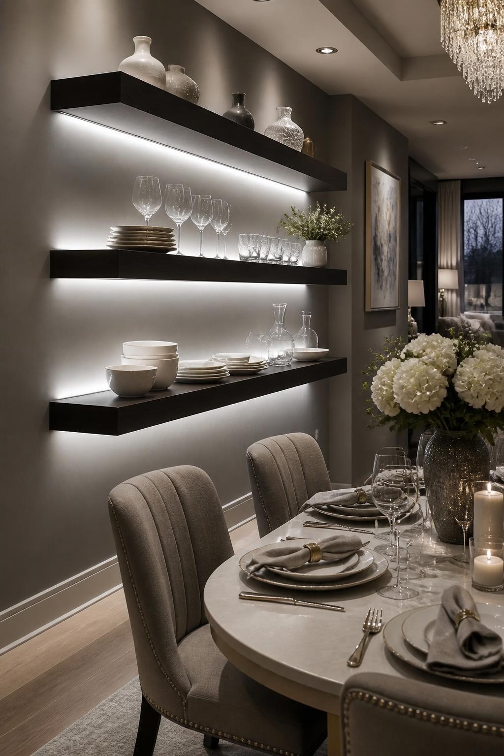 Sleek and glamorous, this modern dining room showcases wide, dark floating shelves backlit with cool LED lighting, displaying crystal stemwa.