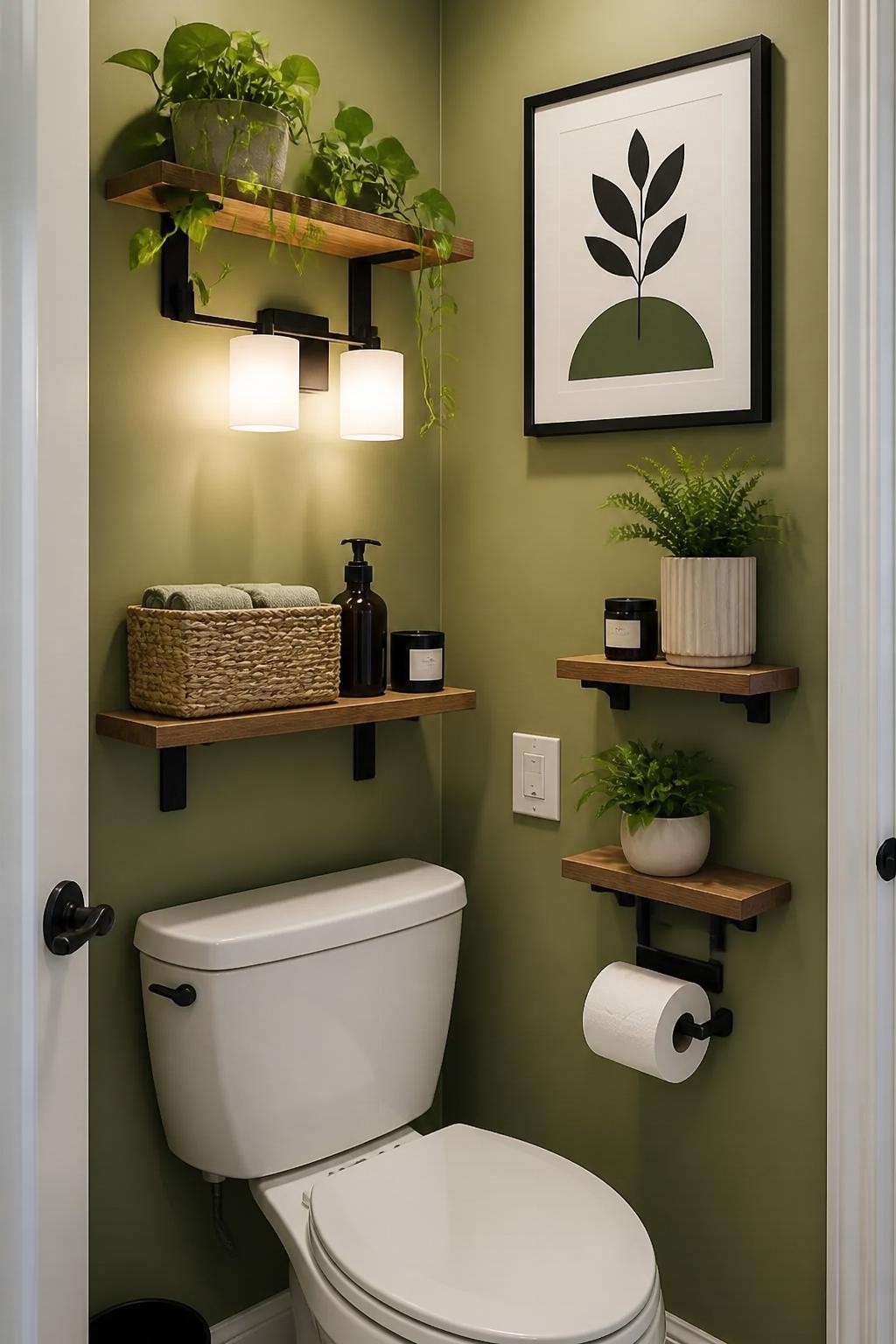 A modern bathroom corner in olive green with wooden floating shelves and matte black brackets, set above a classic white toilet.