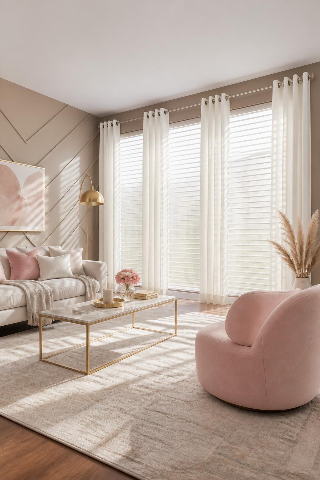 A spacious modern living room with expansive floor-to-ceiling windows shaded by sleek, horizontal, translucent blinds and ceiling-mounted cr.