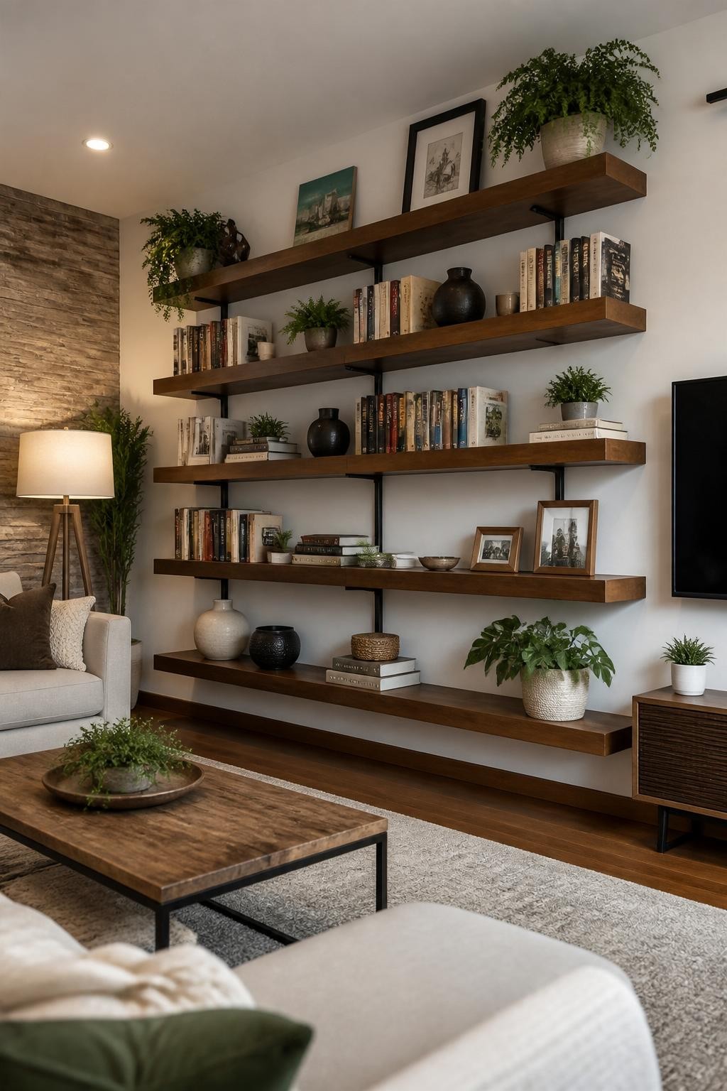 A modern living room with clean-lined long floating shelves built into a large accent wall.