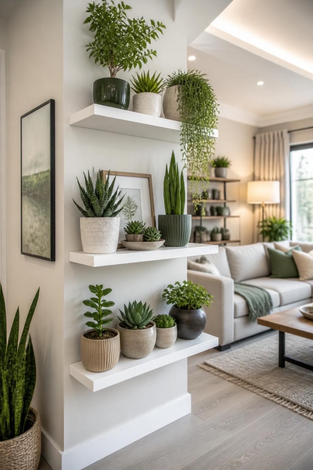A modern living room corner with floating crisp white shelves set against a soft beige accent wall, each shelf artfully filled with a mix of.