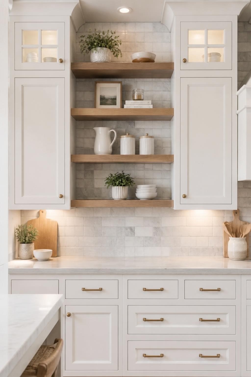 In this modern kitchen, three chunky natural wood floating shelves are set between white shaker cabinets and appear to float above a variega.