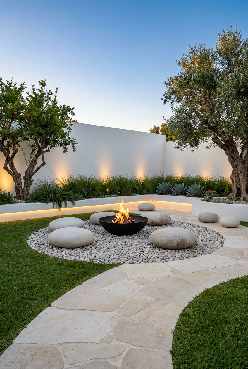 A serene modern Mediterranean courtyard features a central round fire bowl on a pristine white pebble gravel base, surrounded by pillow-like.