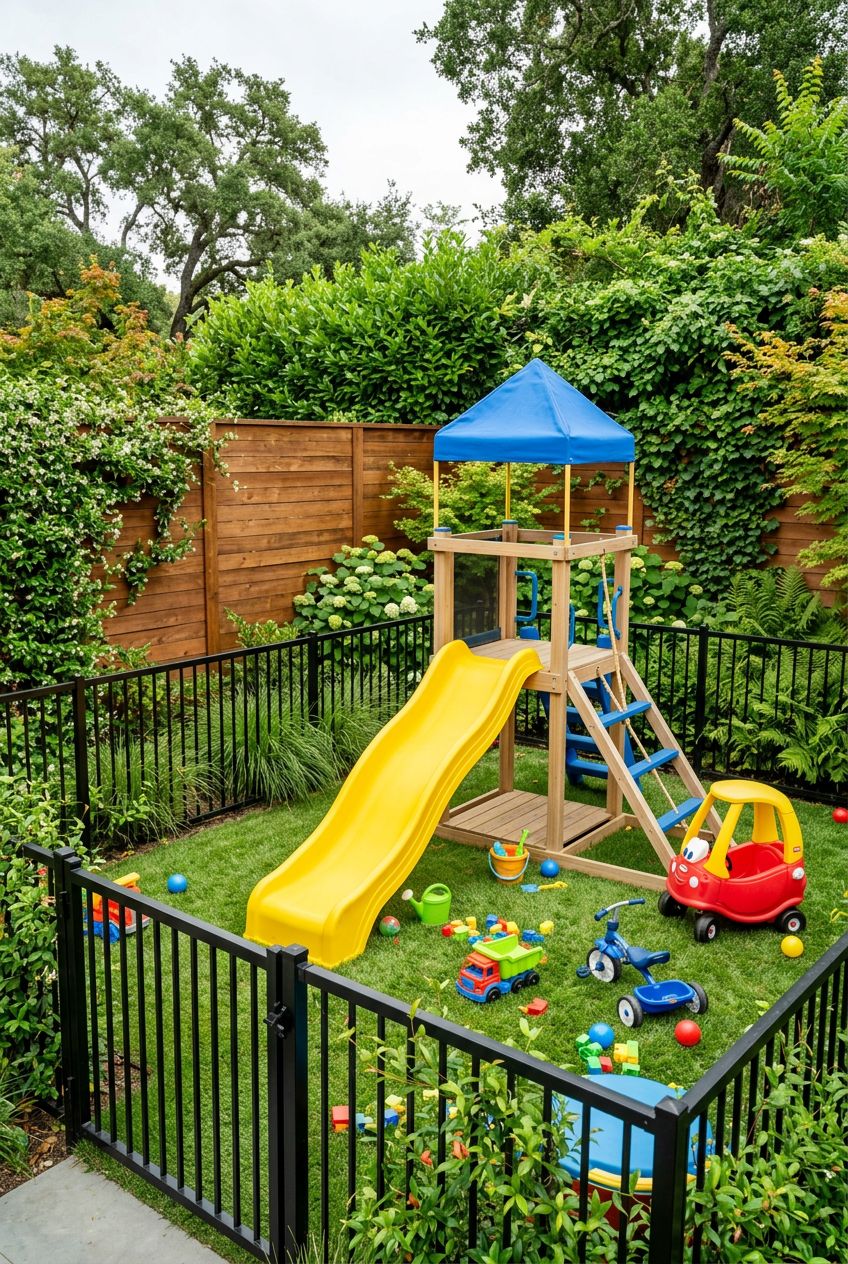 Showcase a contemporary backyard corner where a sleek, matte-black metal fence surrounds a soft grassy area with colorful molded plastic pla.