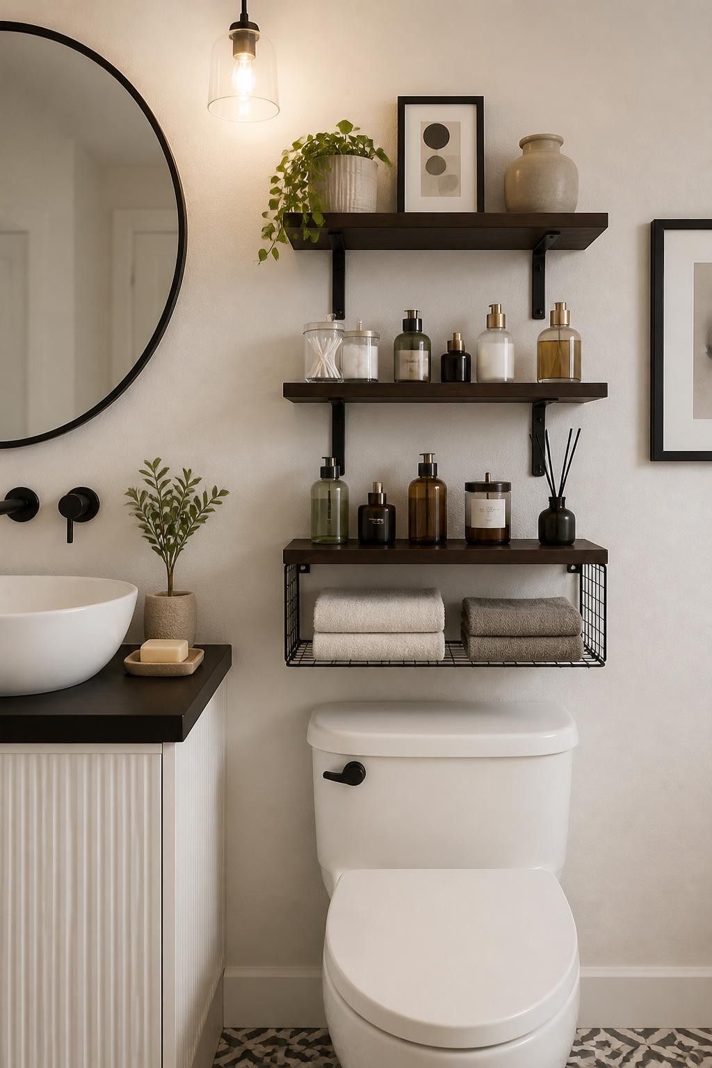 Modern minimal bathroom with three dark wood floating shelves above the toilet, supported by slim black metal brackets for an airy, streamli.