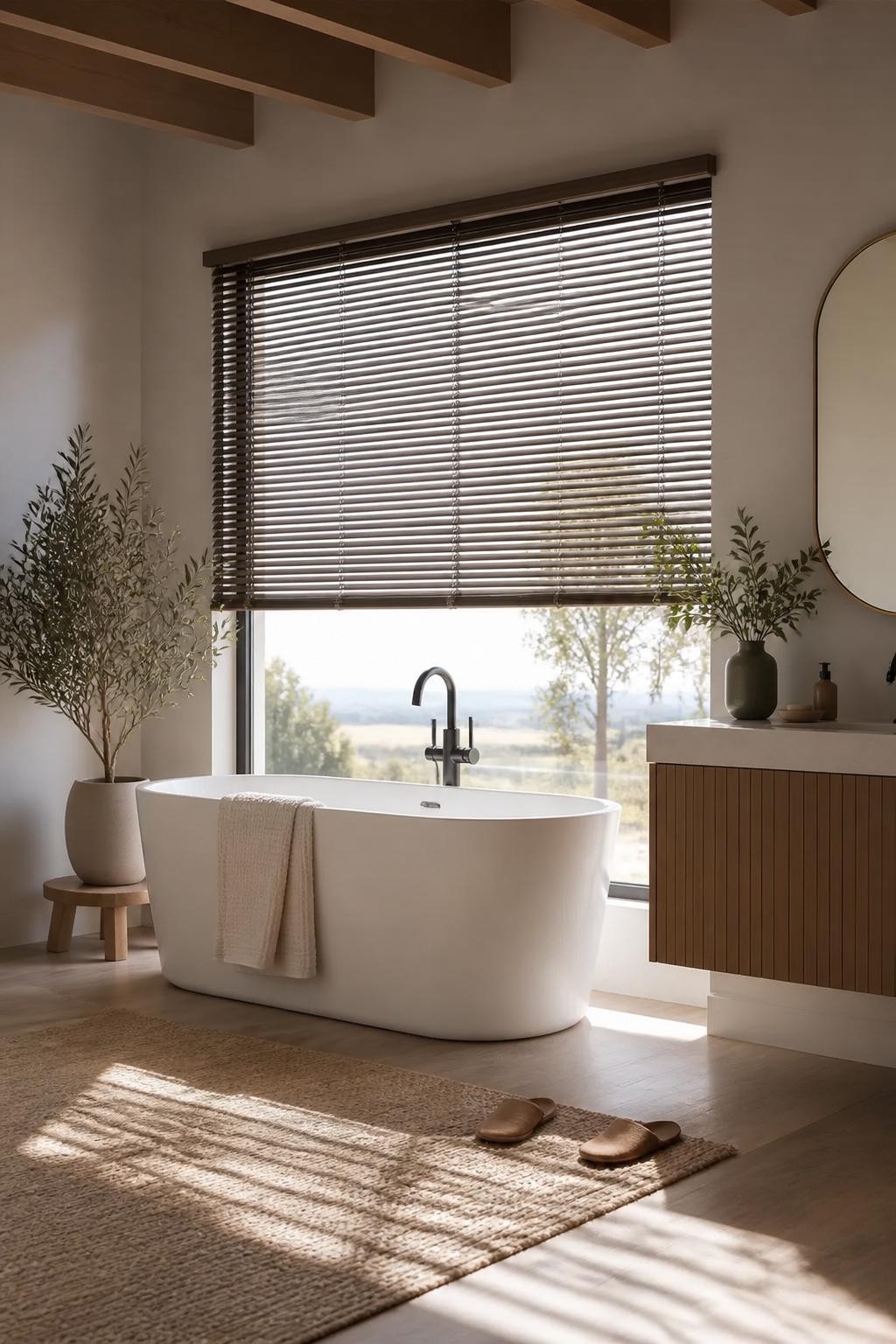 A sleek, minimalist bathroom defined by architectural lines and a soothing neutral palette, featuring a large freestanding bathtub placed di.