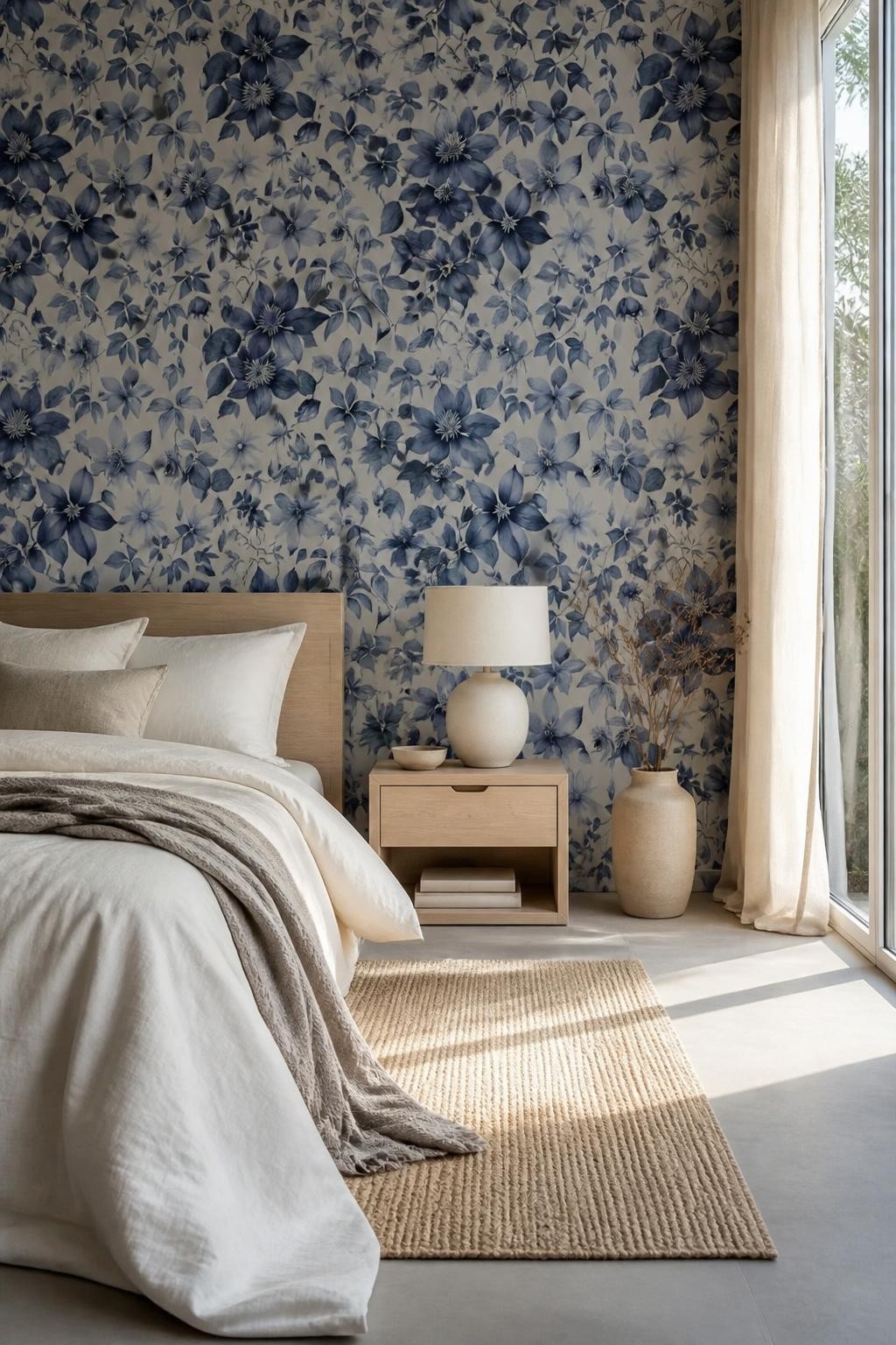 A modern minimalist bedroom with a striking deep blue floral wallpaper that takes center stage, setting an artistic mood.