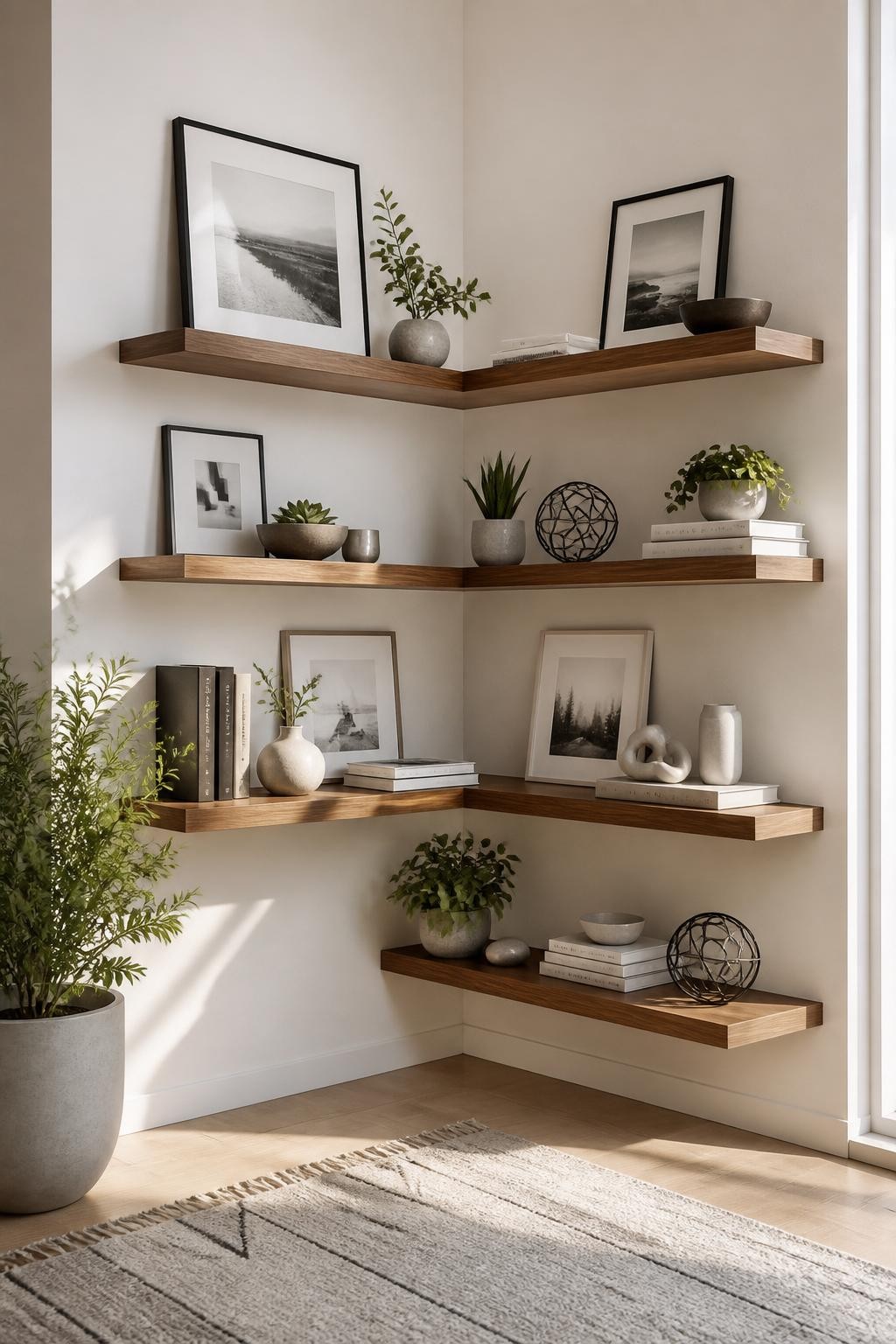 A sleek and contemporary corner showcasing mid-toned wooden floating shelves arranged in a staggered vertical display.