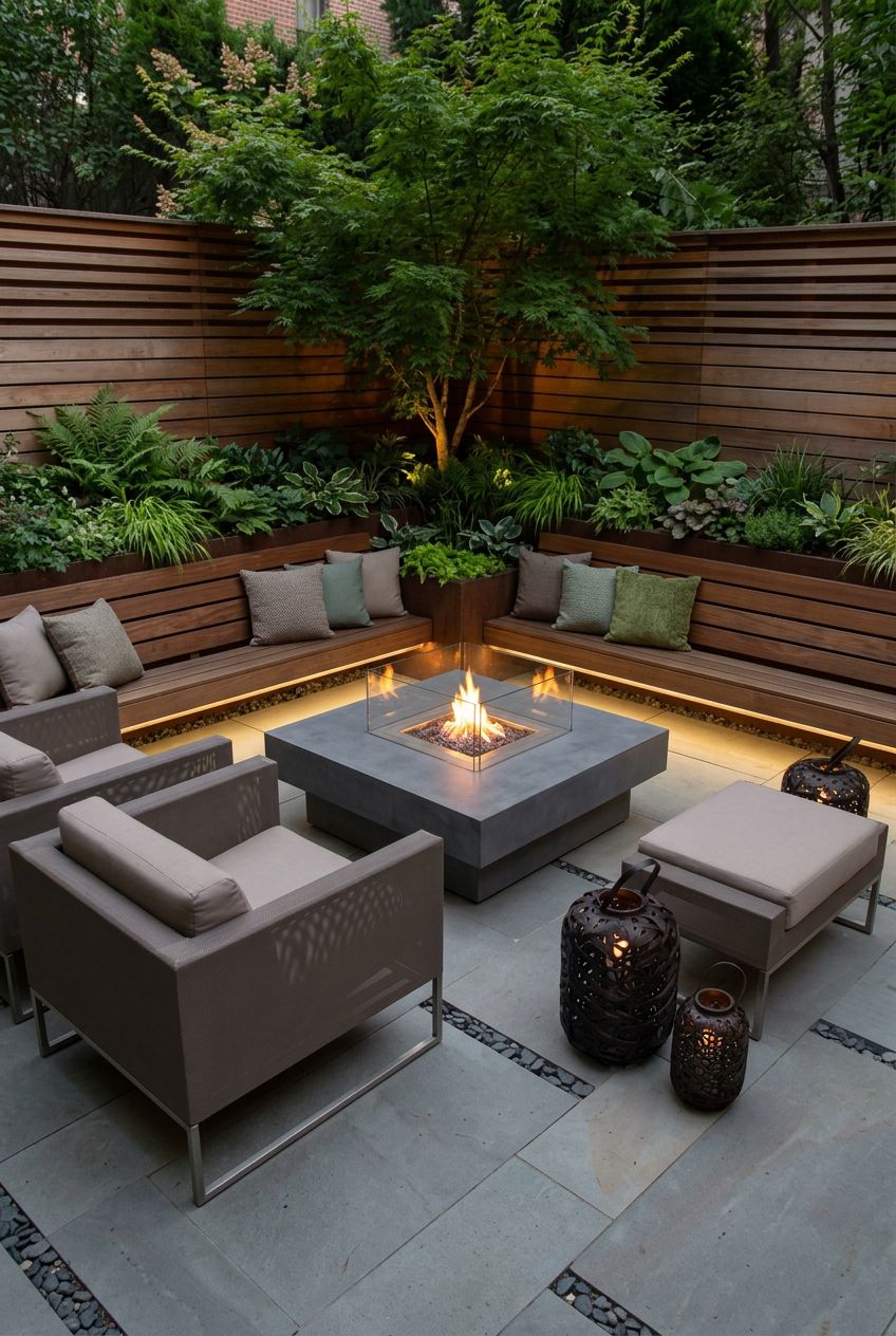 A sleek, urban-inspired outdoor lounge features a minimalist square fire pit as its focal point, surrounded by low-profile taupe armchairs a.