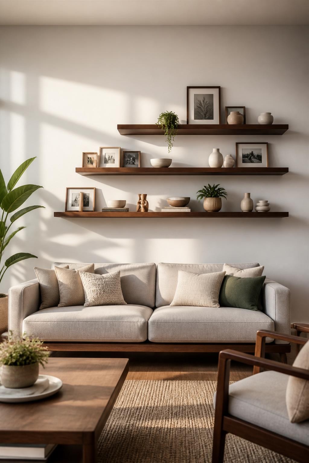 A sunlit living room styled in modern minimalism, featuring a sleek light gray couch with soft, neutral pillows.