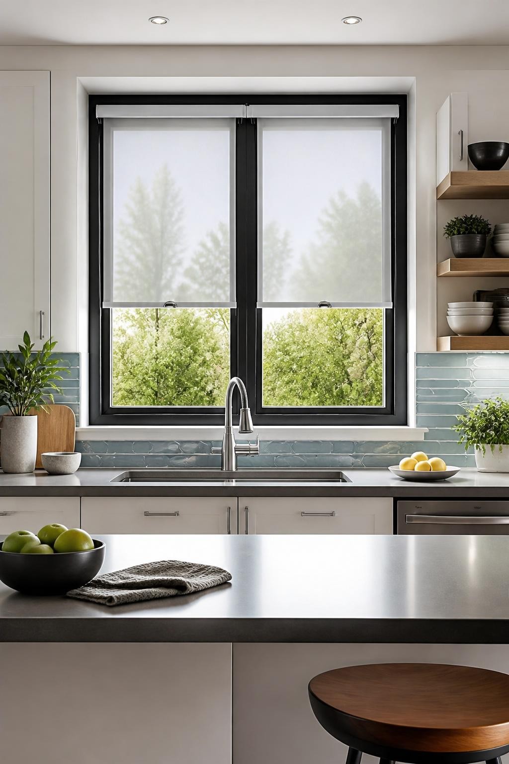 A sleek modern kitchen is defined by its black-framed window, finished with crisp light-filtering roller blinds that offer privacy while all.