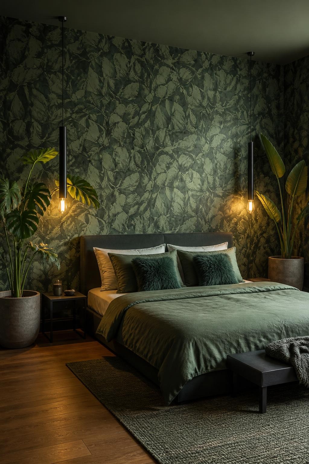 Step into a moody, modern sanctuary where deep green botanical wallpaper extends from floor to ceiling, enveloping the room with a lush, imm.