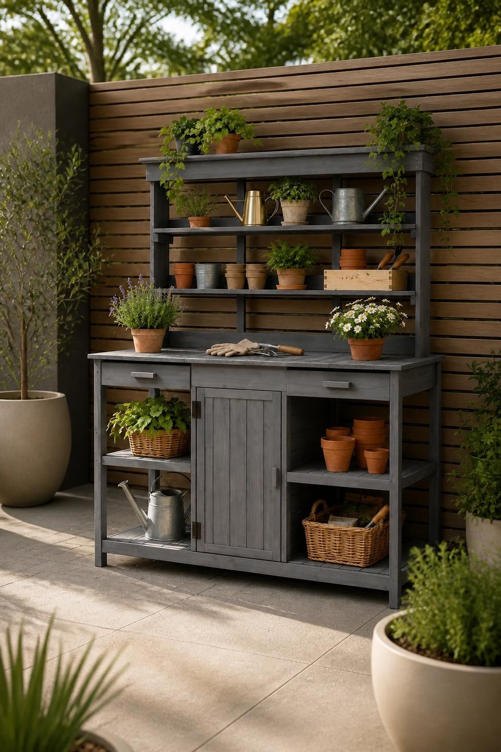 Use the uploaded Outdoor Potting Bench with Open Shelves and Cabinet exactly as the reference product, preserving its slate gray wood finish.
