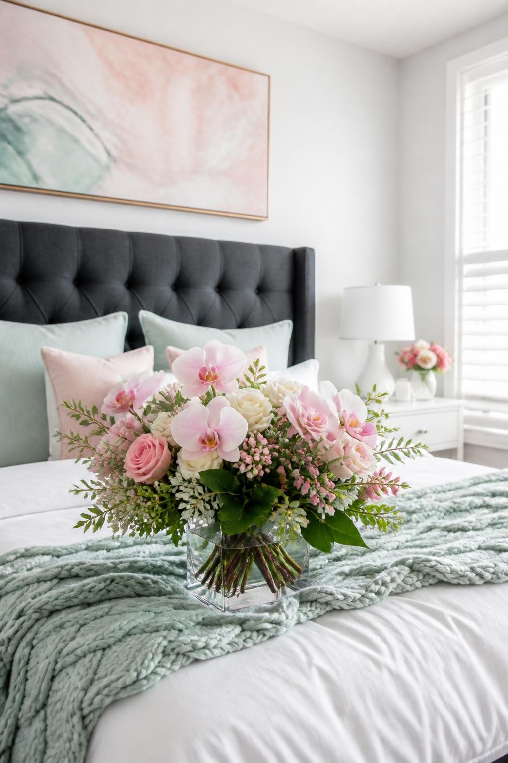 A contemporary airy bedroom with crisp white walls and bedding, accented by a deep charcoal upholstered headboard.