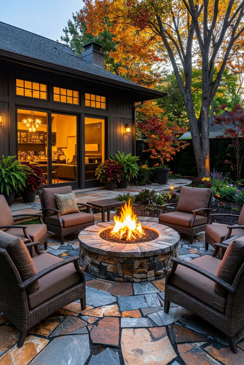 A modern patio design with a striking round stone fire pit at its center, encircled by six sturdy outdoor armchairs with taupe cushions.