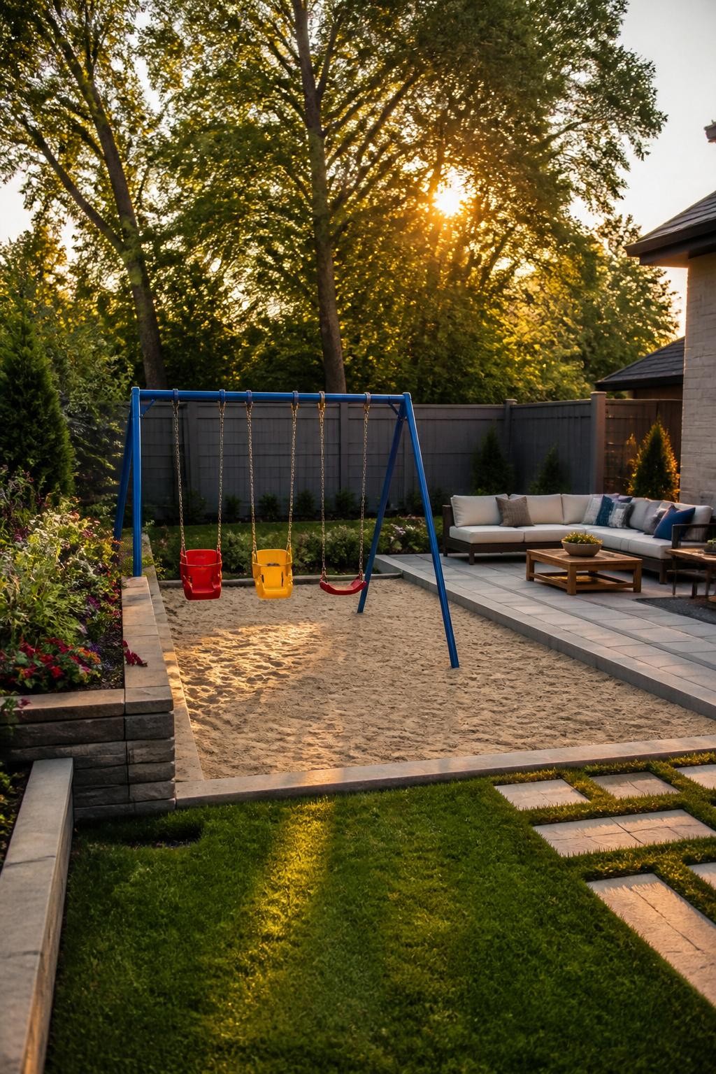 A stylish, family-friendly backyard oasis with a contemporary design featuring a large sunken sand play area at its heart, centered by a blu.