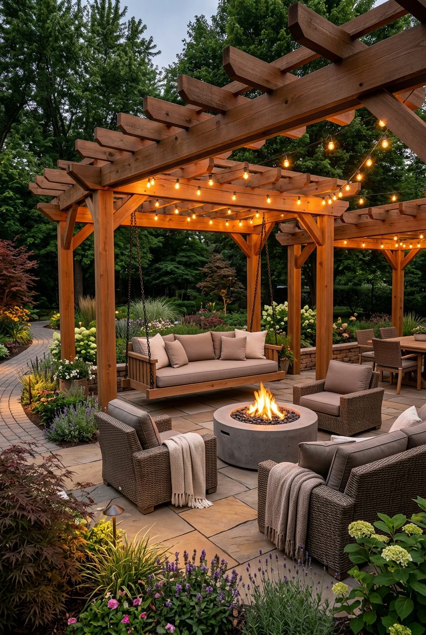 A modern garden lounge designed around a wooden pergola, this setup showcases a spacious porch swing sofa with crisp neutral cushions positi.