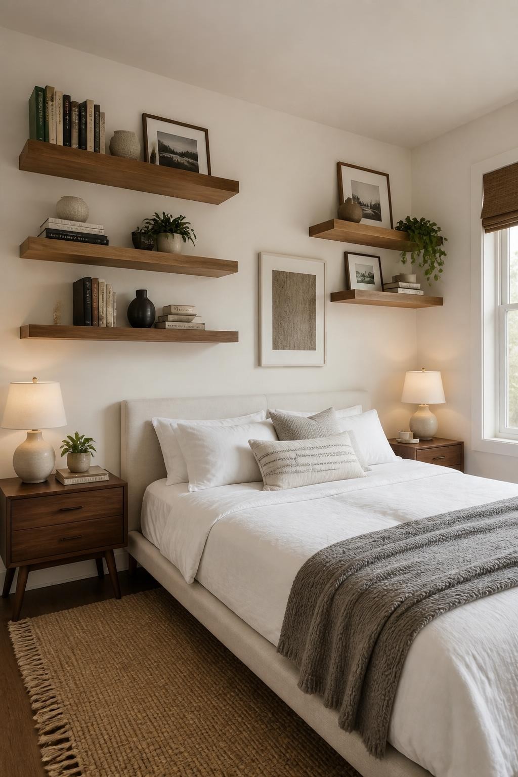 Modern rustic bedroom with a crisp white backdrop and three lines of thick wood floating shelves layered above and beside the bed.