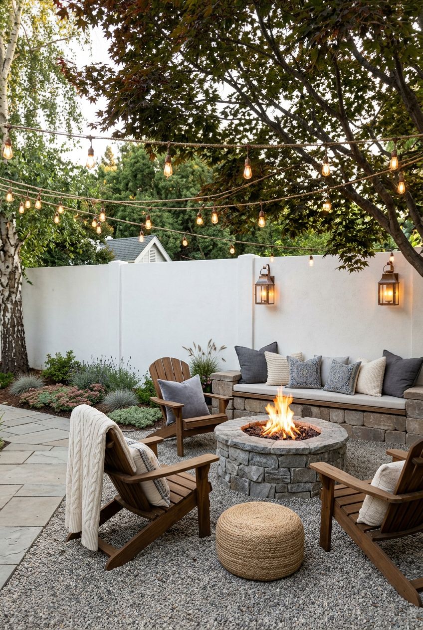 An outdoor fire pit lounge featuring a modern rustic vibe, with a circular stone fire pit as the focal point surrounded by inviting Adironda.