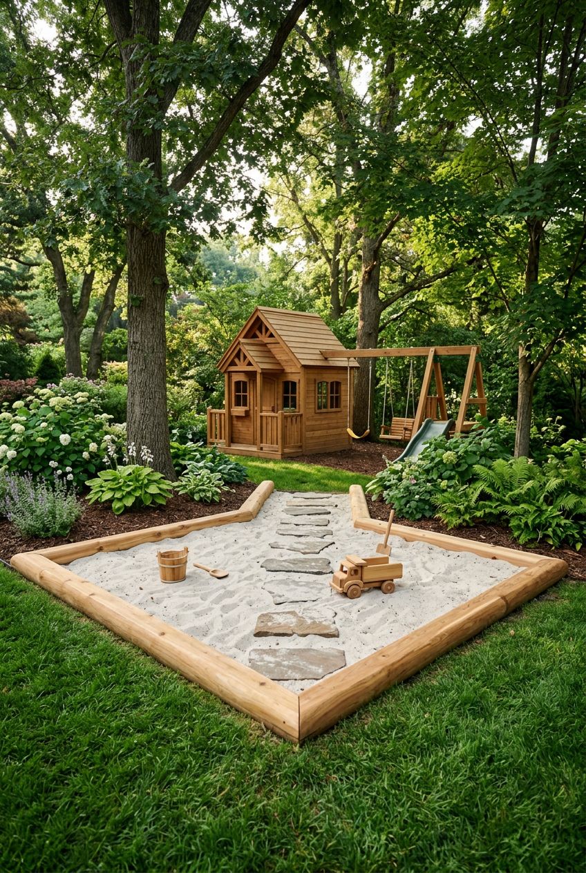 Render a pristine, modern sand play zone framed with smoothly finished wooden logs, set in the corner of a thoughtfully landscaped backyard.