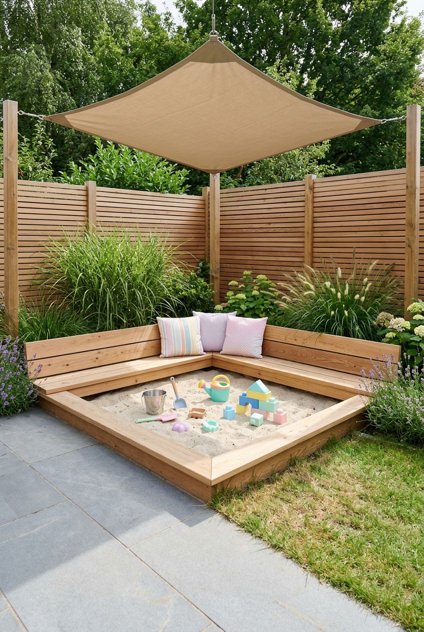 A sleek, modern backyard sandpit retreat featuring a square sand area with integrated wraparound bench seating crafted from light-toned wood.