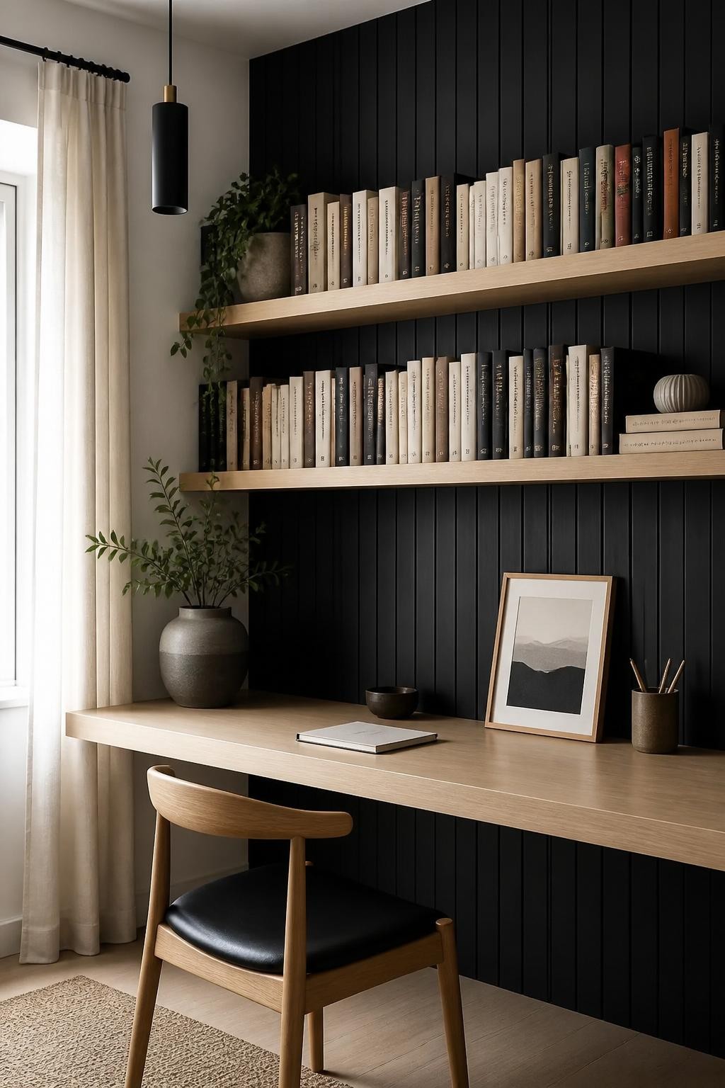 A modern Scandinavian workspace is highlighted by an oak landscape desk running wall-to-wall beneath two thick floating wood shelves packed.