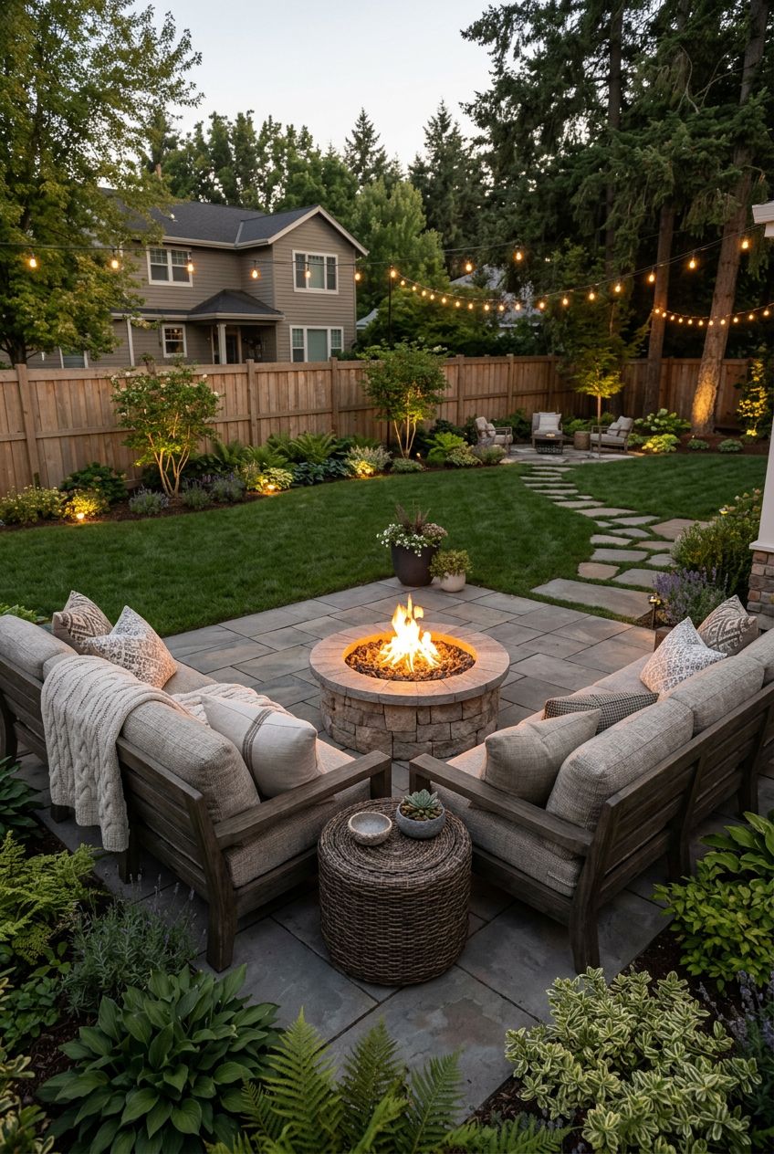 A modern rustic backyard fireside nook showcasing a rounded stone fire pit surrounded by a low, cushioned sectional sofa in textured neutral.