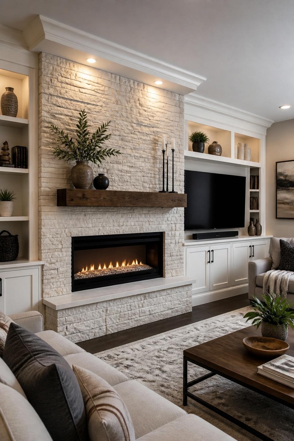 A modern living space showcasing a stacked stone fireplace with a substantial rustic wood floating shelf centered above a sleek gas insert.