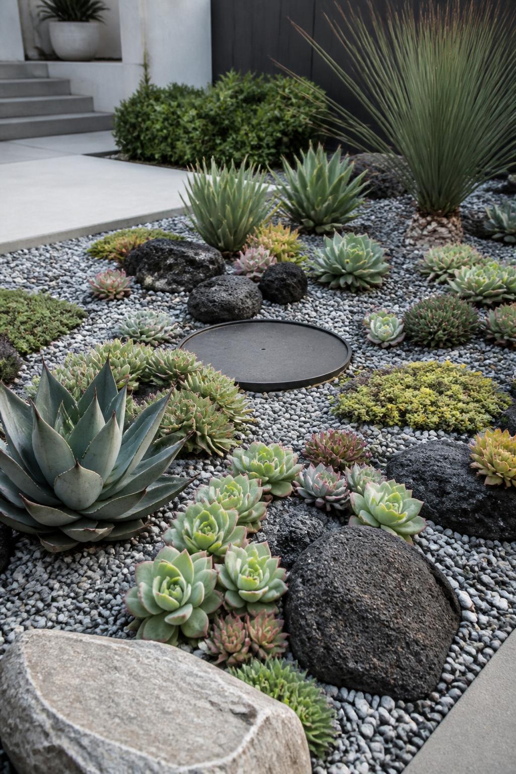 Design a contemporary succulent rockery that naturally disguises flat septic tank lids within a modern landscape.