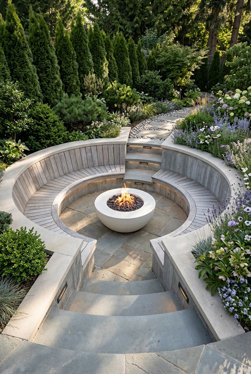 A sophisticated sunken outdoor fire pit area with circular design and split-level concrete steps, centered on a large, smooth white fire bow.