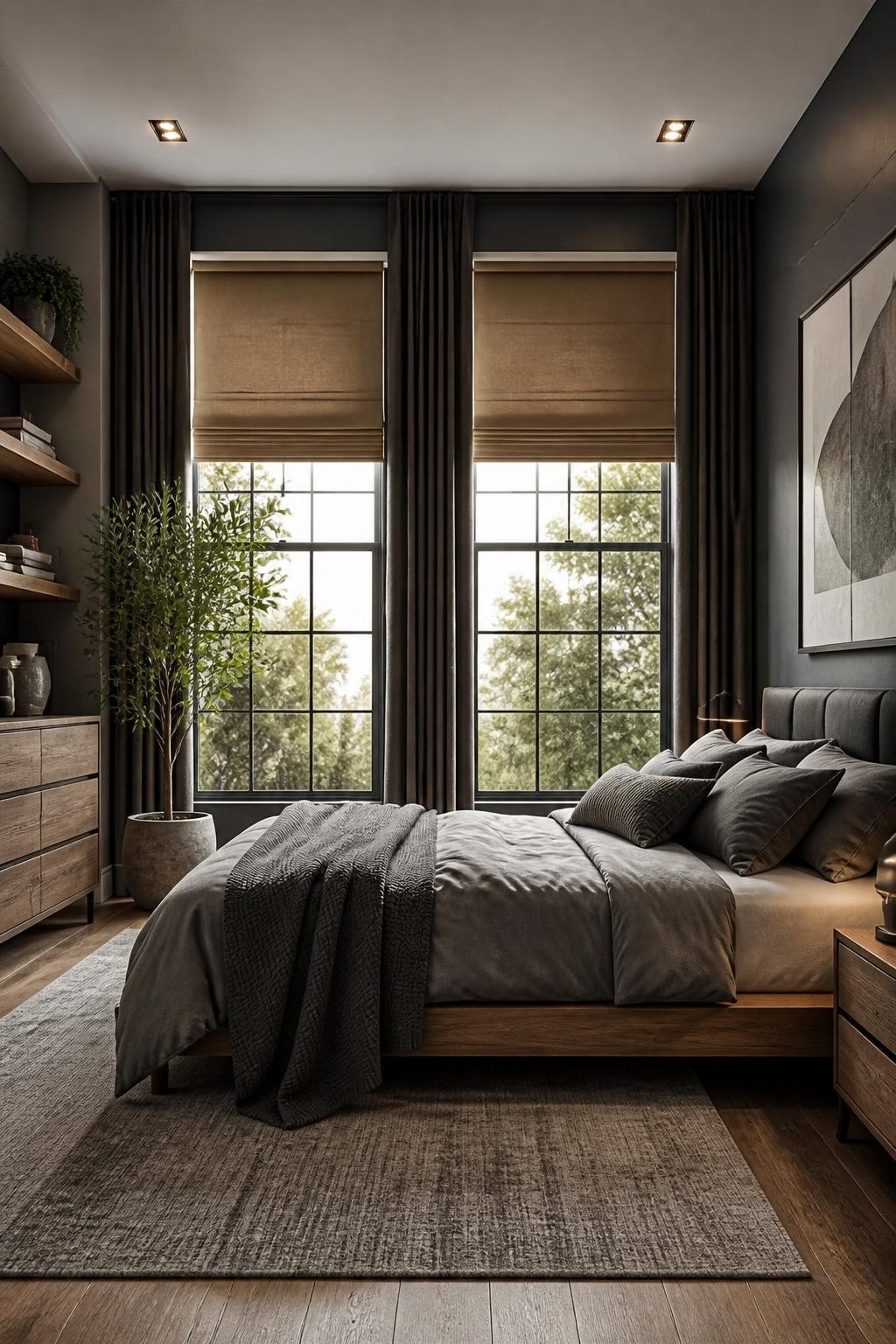 Urban chic defines this modern wood-accented bedroom with clean tan Roman blinds, dramatic floor-to-ceiling black-out curtains, and huge ind.