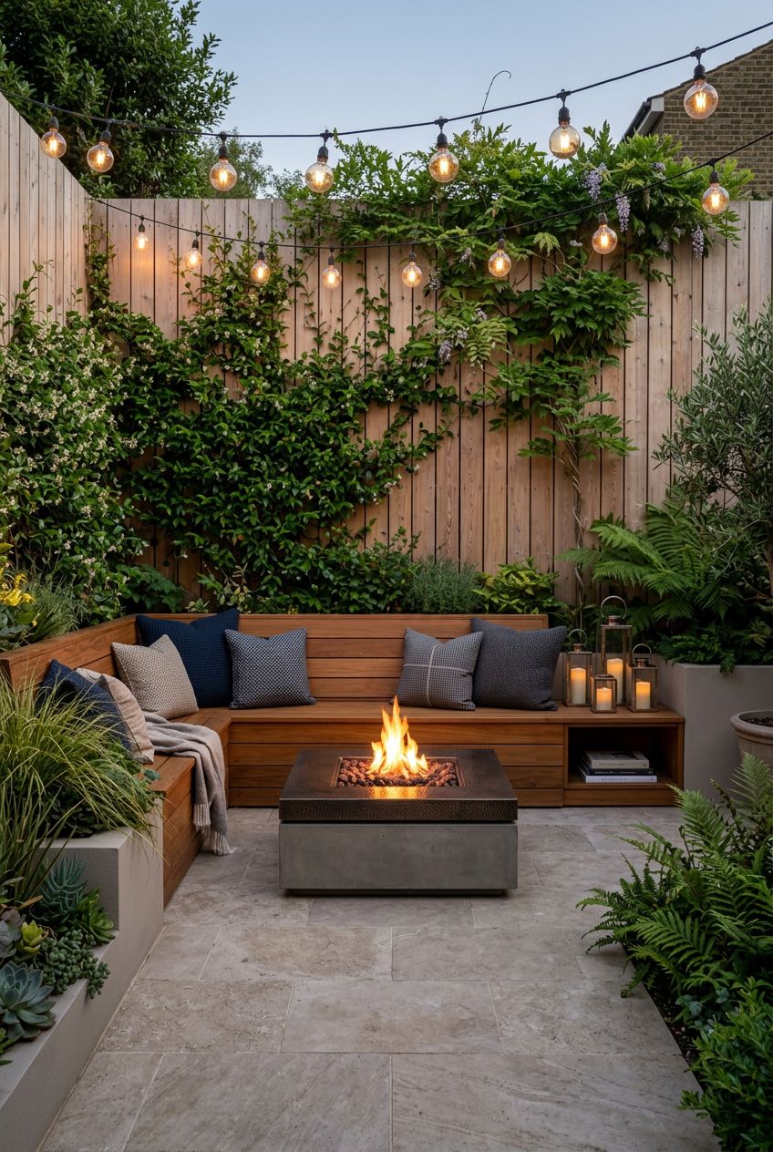 Showcase a chic, modern garden retreat with a wraparound timber bench and a square fire pit as the centerpiece, set against vertical wood fe.