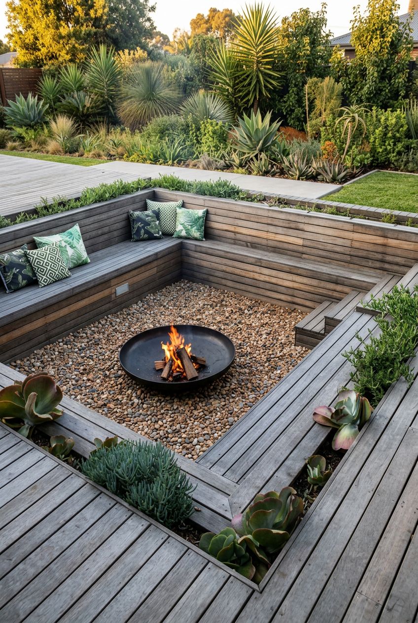Design a contemporary timber-clad sunken fire pit with integrated gray wooden benches, scattered with geometric and lush green pillows for c.