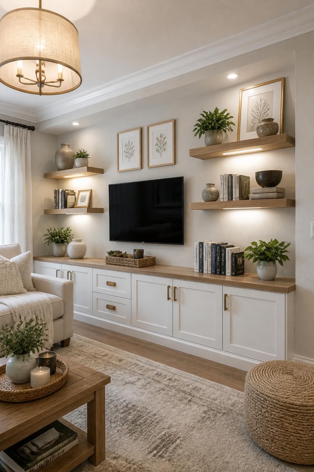 A modern transitional living room designed with a recessed niche that houses floating wood shelves flanking a wall-mounted TV.
