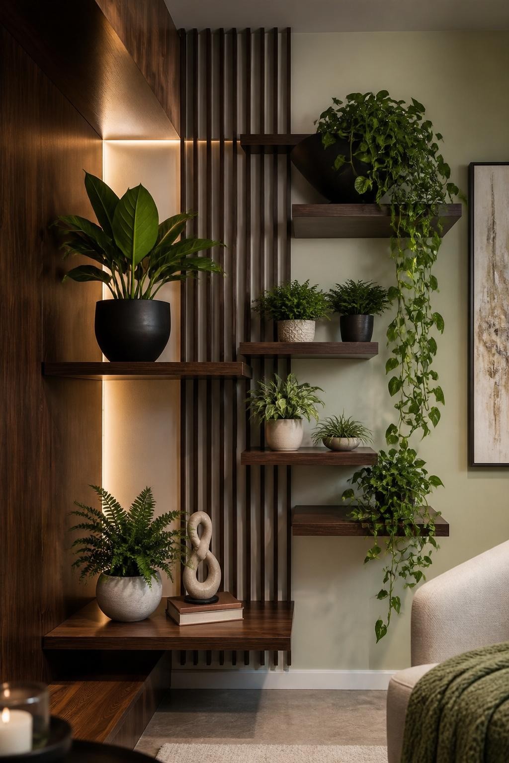 An elegant, contemporary living space features rich dark wood floating shelves, dramatically set against a partial accent wall with vertical.