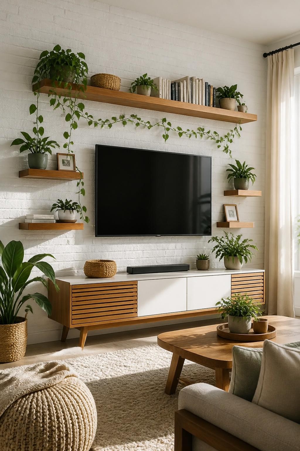 A stylish living room showcasing a striking white brick wall, with a series of natural wood floating shelves staggered around a mounted flat.